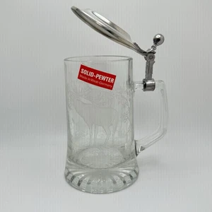 "Cerveza Stein bosque de ciervos alces vintage de vidrio grabado de peltre de Alemania Occidental con tapa de 6""" - Imagen 1 de 6