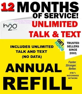 H2O H20 ⭐ PREPAID 12 MONTH UNLIMITED TALK/ TEXT BASIC REFILL ⭐ GET IT TODAY! ⭐ - Image 1 of 3
