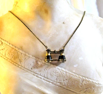 Fossil Binoculars Pendant with Crystal Lenses on Bronze Color Necklace 28 Inches - Image 1 of 4