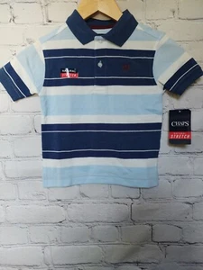 Chaps Boys Youth 2 Button Short Sleeve Polo Top Blue Striped Size 4 - NEW - Picture 1 of 10