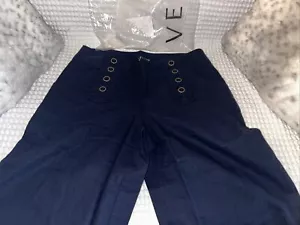Venus Cotton Linen Leg, Sailor Snap Front Closure Long Pants, Navy, BNWT - Picture 1 of 11