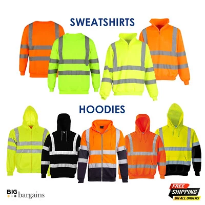 Hi Viz Vis High Visibility Pullover Zipped Hoodie Workwear Sweatshirt Hooded