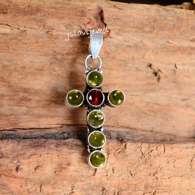Grüner Peridot & Granat Edelstein 925 Sterling Silber Anhänger Kreuz Neu Schmuck - Bild 1 von 4