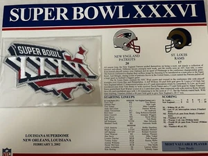 NFL Super Bowl 36 XXXVI Patch PATRIOTS vs RAMS Official Willabee Ward Stat Card - Picture 1 of 2