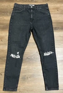 Women Black Topshop Jamie High Rise Distressed Knees Denim Jeans W34 L30 Size 12 - Picture 1 of 5
