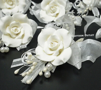 6  Wedding Bridesmaid Flower Corsage Suit BOUTONNIERE White Migajon Rose Bridal - Image 1 of 4