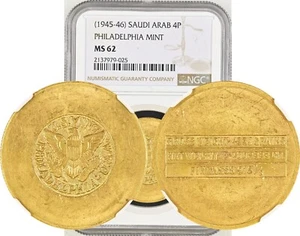 ND (1945-1946)  Saudi Arabia: Abd al-Aziz bin Sa'ud gold 4 Pounds NGC MS62 - Picture 1 of 1