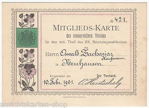 Mitglieds-Karte des conservativen Vereins des XX. Reichstagswahlkreis  ( 70773 - Bild 1 von 2