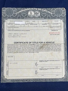 1970 Ford 2 Door HT Certificate Historical Document Virginia - Picture 1 of 4