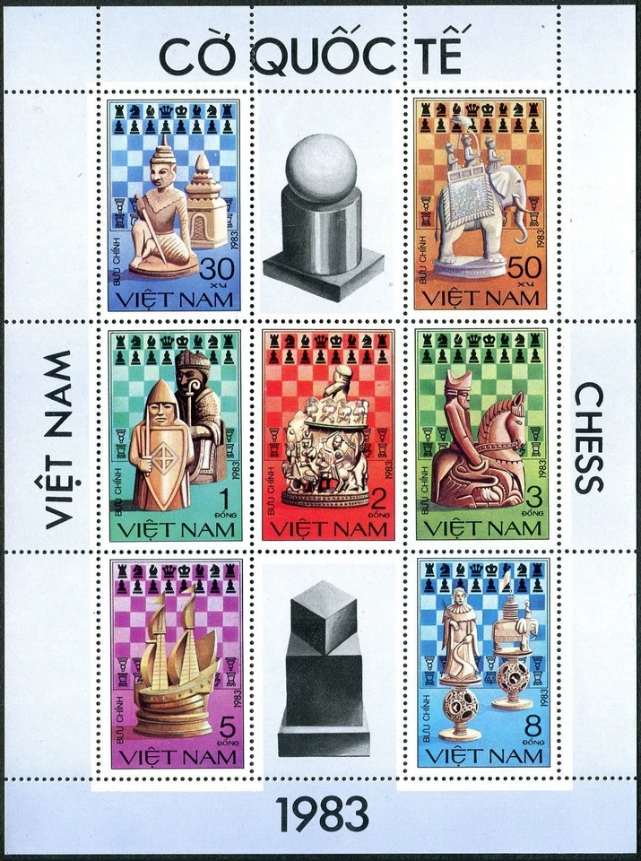 Viet Nam 1290-1296 mini sheet, MNH. Michel 1335-1341 klb. Chess Pieces 1983. - Image 1 of 1