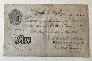Banknote der Bank of England. Fünf Pfund / Weißfaser. Schön. Datiert 1951.  - Bild 1 von 7
