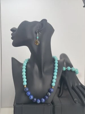 天然青金石和绿松石耳环和手链制成的项链。 — 第 1/2 张图片