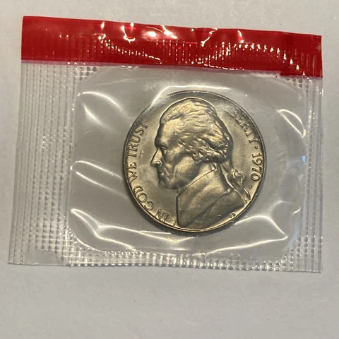 GEM BU 1970-D Jefferson Nickel Denver Mint Uncirculated 5c Coin in US Mint Cello Cover