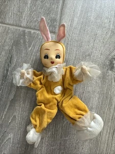 VINTAGE EASTER BUNNY RABBIT YELLOW KNEE HUGGER JAPAN POSE DOLL ORNAMENT VELVET - Picture 1 of 8