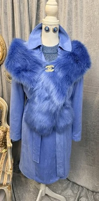 NWT Blue Faux Suede Coat Size L With Furry Scarf - Image 1 of 4