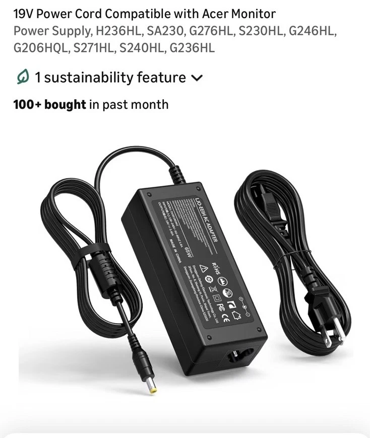 Cable de alimentación original para monitor Acer G236HL H236HL S230HL S231HL S273HL Foto 1 de 3