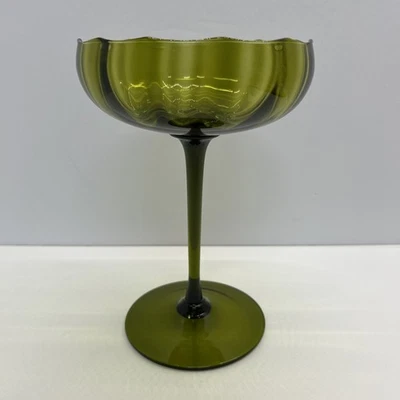 Vintage Mid Century Avocado Green Empoli Italian Art Optic Glass Chalice Vase - Image 1 of 4