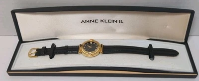NIB Anne Klein Gold/Black Fashion Watch W/Crystals Roman Numerals Leather Strap - Image 1 of 4