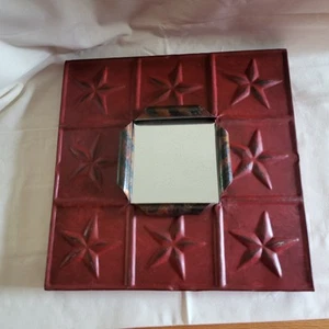 Red Metal  Hammered Ceiling  Wall Decor with Mirror 12" X 12" Some Distressing - Picture 1 of 8
