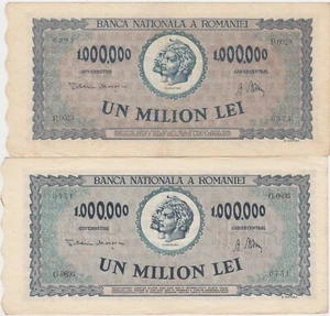 ROMANIA 2 X 1000000 LEI 1947 VF+ COLOR VARIANT - Picture 1 of 2