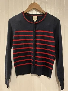 Lands End Cardigan Sweater Girls Size L (14) Navy Blue W/shimmery Red Stripes - Picture 1 of 15