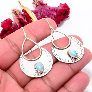 Natural Larimar Designer Handmade 925 Sterling Silver Earring 1.87" Sku21 - Picture 1 of 2