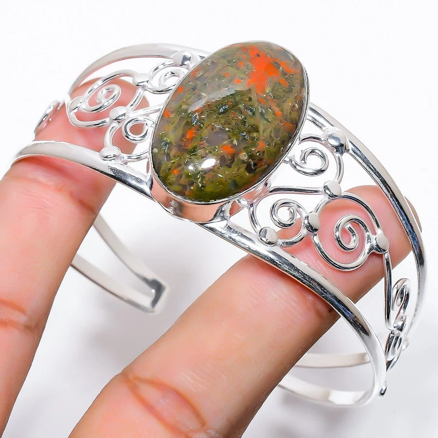 Bracciale in argento sterling 925 fatto a mano con pietre preziose Unakite re... - Immagine 1 di 1