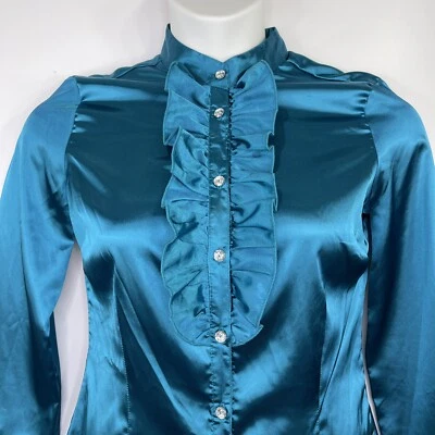 Top Iz Byer azul verdoso satinado elegante con volantes talla L botones de cristal sintético  Foto 1 de 4