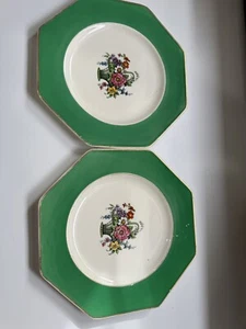 2x Vintage Regal Ware 2 Achteck Steingut Goldrand Mittagessen Teller Blumenkorb - Bild 1 von 6