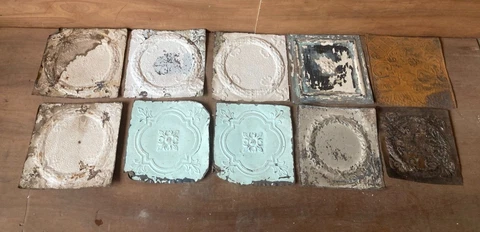 10 sq ft Antique Tin Ceiling Pieces Shabby Tile Chic Vtg Arts Crafts 81-23A Cover