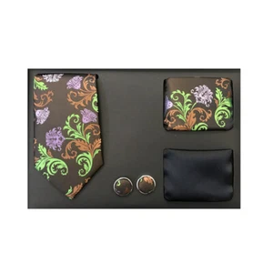 Nuevo Formal Hombres Corbata Delgada 2 Pañuelos Gemelos Conjunto de Regalo Verde Lavanda Marrón - Imagen 1 de 3