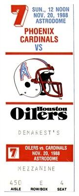 1988 Phoenix Cardinals v Houston Oilers Ticket 11/20 Moon 3 TDs Astrodome 77453 - Image 1 of 2