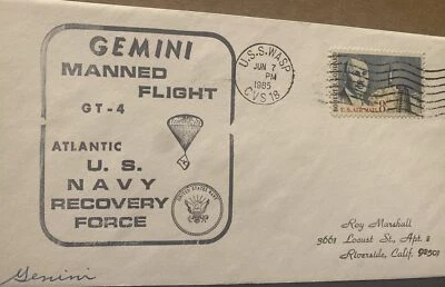 GEMINI 4 ONBOARD PRIME RECOVERY SHIP US WASP(CVS 18) JUN 7, 1985 + GODDARD STAMP - Image 1 of 4