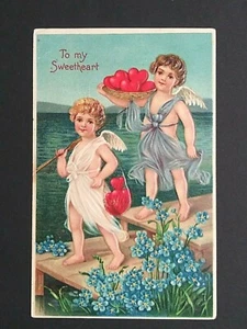 Valentinstag Amor Angeln auf Herzen geprägt BW Postkarte Deutschland UNP um 1910 - Bild 1 von 5