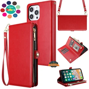 For Apple iPhone 15 Pro Max Purse Wallet Card Slots Zipper & Lanyard Case Cover - Picture 1 of 27