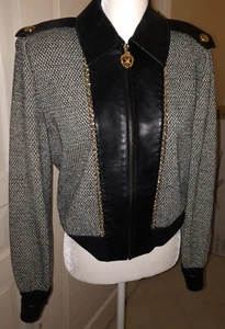 Vintage St. John Marie Gray Leather Tweed Jacket L - Picture 1 of 7