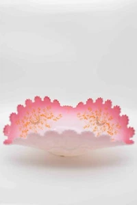 Antique Victorian Bride's Basket Glass Pink Orange White Curved Ornate Glossy - Picture 1 of 11