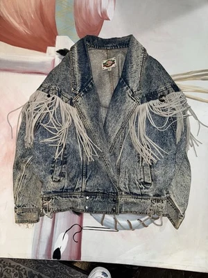 Chaqueta de cuero suave de gamuza de mezclilla mediana vintage para mujer con flecos Y2K talla mediana Foto 1 de 4