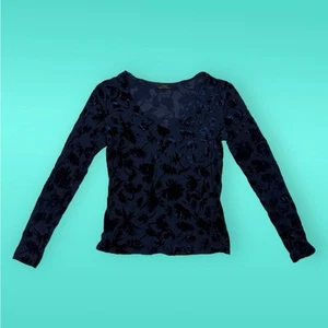 Vintage St Michaels Navy blue velvet floral long sleeve top UK 8 - Picture 1 of 5