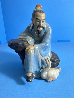 复古 Shiwan Mudman 中国雕像釉面粘土 老智者 带鹅 — 第 1/4 张图片