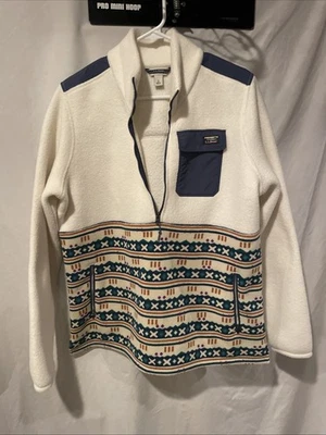NWOT LL Bean Womens Sweater Fleece Sherpa Blue/Aztec Hybrid Pullover Size Large - Image 1 of 3