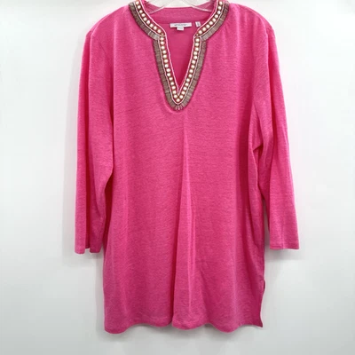 Top túnica Chico's 100 % lino adornado con cuentas talla 2 L rosa vacaciones playa Foto 1 de 4
