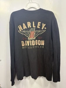 Harley Davidson Henley Shirt Thermal Long Sleeve Black Size Large Embroidered - Picture 1 of 7