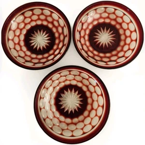 Vintage Bohemian 5.25” 3 Bowls Dish Lead Crystal Ruby Red Cut To Clear Art Deco - Picture 1 of 5