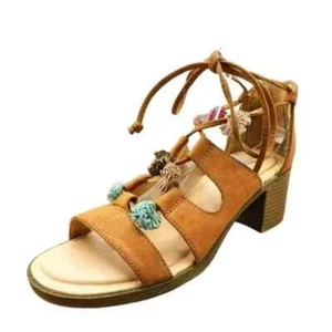 Maurices Ember Sandals 7 Camel Brown Zip Back Strappy Lace Up Tassel Stack Heel - Picture 1 of 14