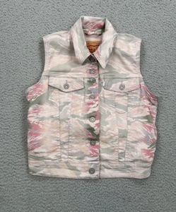 Levis Denim Vest Women's Size Small Pink Green Camo Button Up Pockets Stretch - Picture 1 of 8