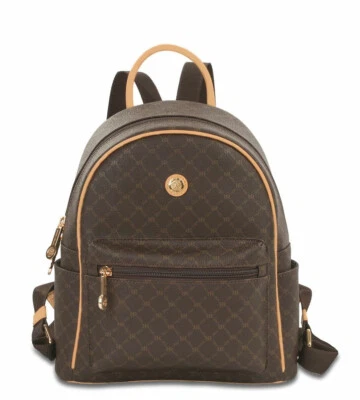 Rioni Signature Brown ST-20297 Canvas Leather Small Round Dome Backpack - Image 1 of 4