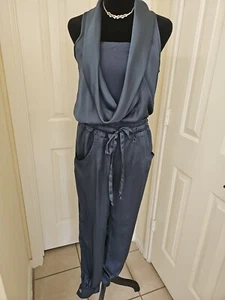 Y2K Blue Satin Jumpsuit Draped Cowl Neckline Cinched Waist sz 6 90s - Picture 1 of 14