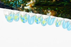Uñas postizas cubierta completa ovalada falsa azul largo + amarillo + brillo plateado - Imagen 1 de 6