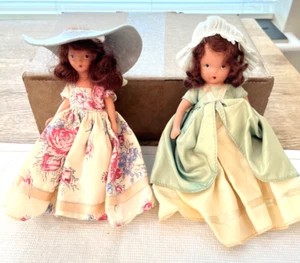 "2 muñecas antiguas Nancy Ann libro de cuentos 5 1/2"" sombrero moreno, vestido, sin cordones, pantalones" - Imagen 1 de 6